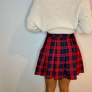 Women high waist skater flared red check plaid pleated short mini skirt